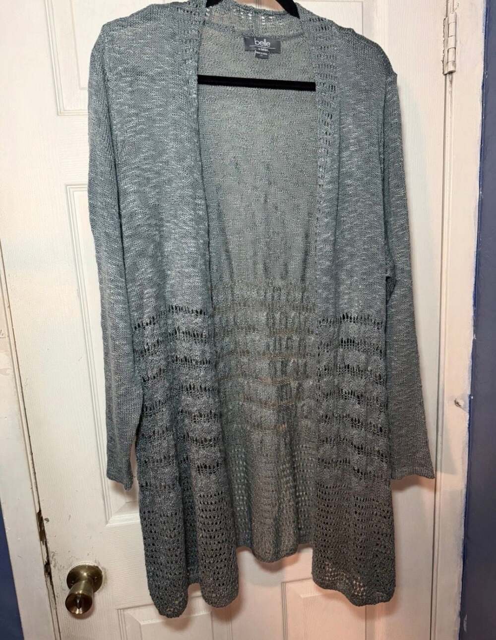 Belle by Belldini Women's Open Front Pointelle Knit Cardigan Sweater Gray 2X